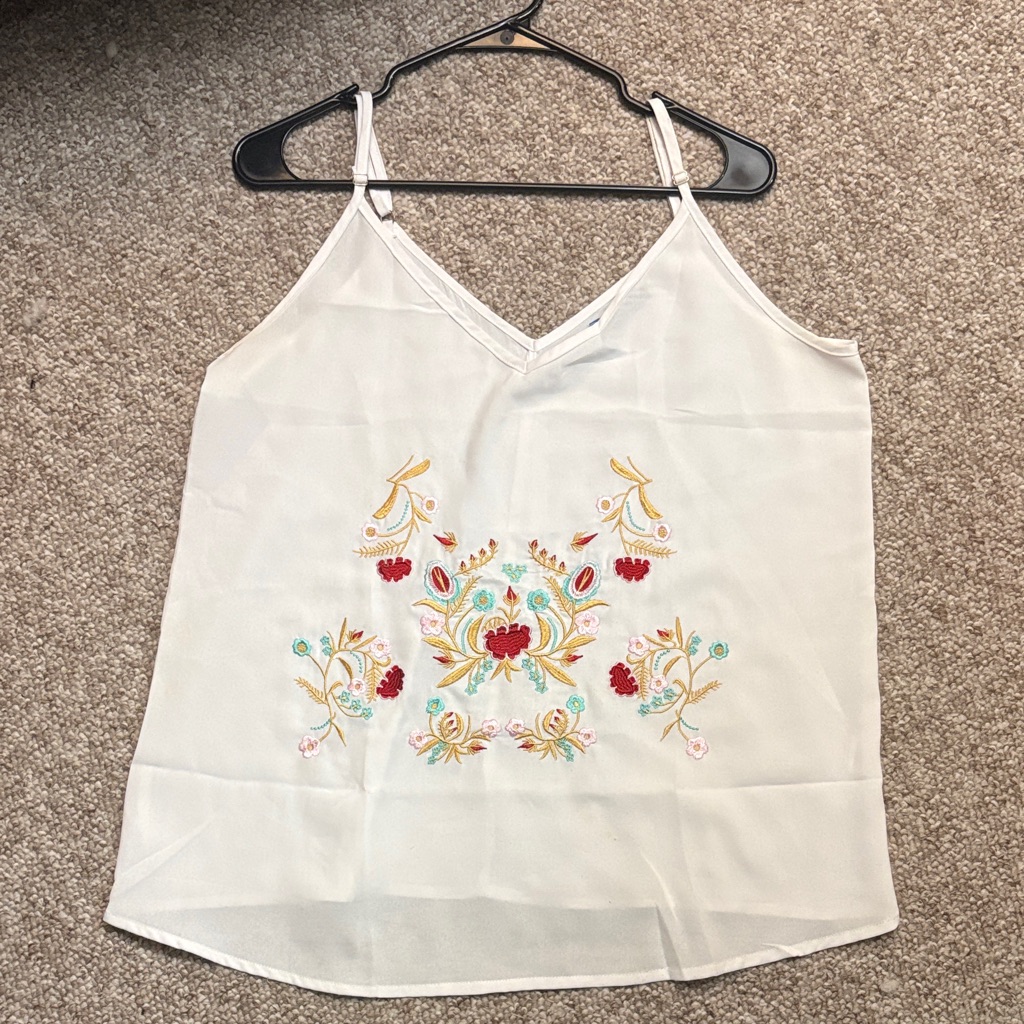 Embroidered White V-Neck Floral Cami Top